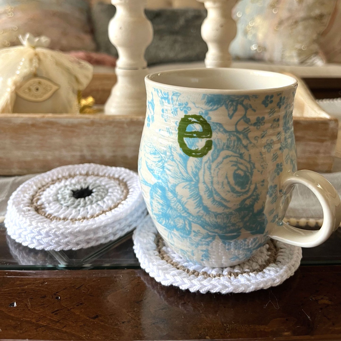 Handmade Crochet Evil Eye Coasters, Drinkware Coffee Table Mat, Circular Coaster Gift, Candle Mat, Boho Home Decor, Cute Coaster