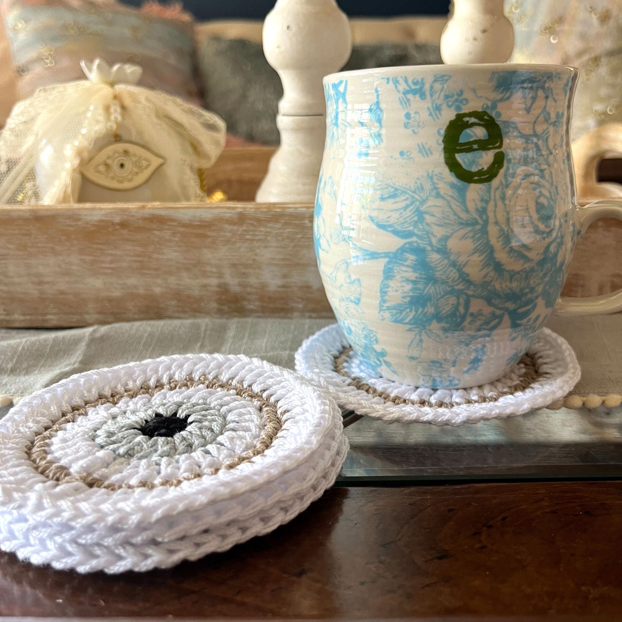 Handmade Crochet Evil Eye Coasters Drinkware Coffee Table Mat Circular Coaster Gift Candle Mat Boho Home Decor Cute Coaster