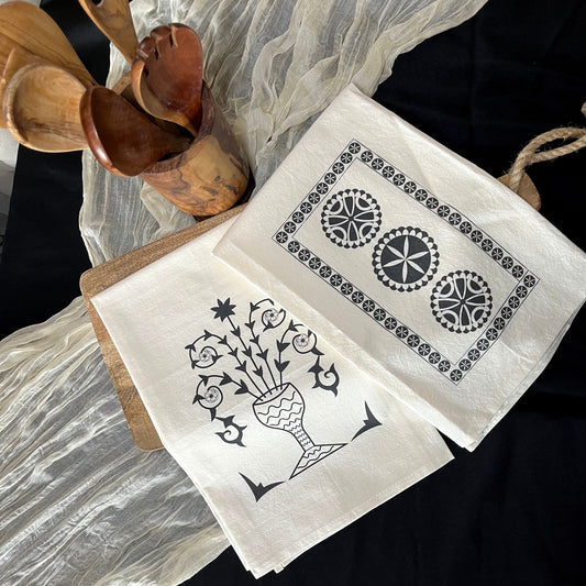 Pyrgi Chios Greek Kitchen Tea Towel Set | Sand Color Kitchen Decor