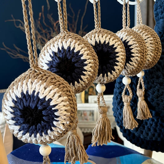 Crochet Hanging Evil Eye Charm | Stroller Charm | Greek Home Decor
