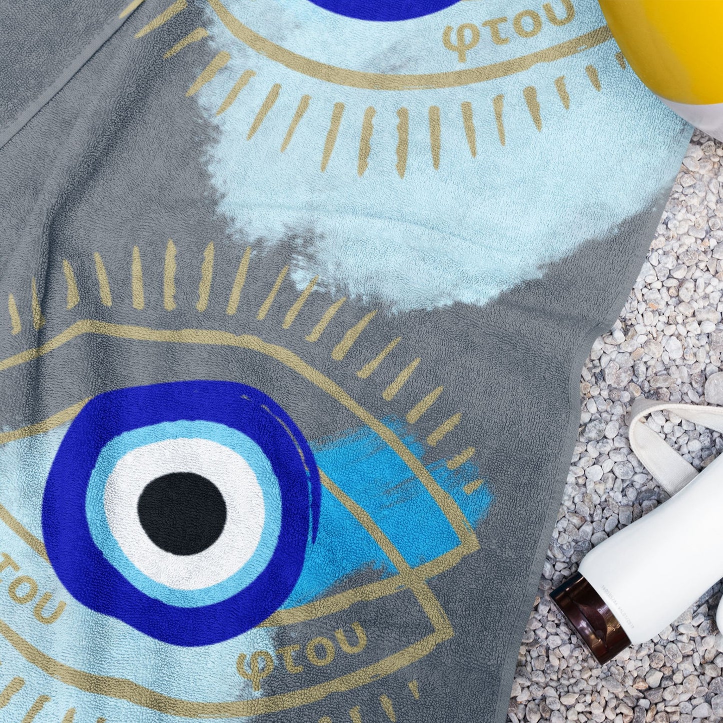 Evil Eye Beach Towel, Wedding Gift, Summer Beach Blanket,  Ftou Ftou Eye Catching Design, Bridesmaids Party Favors, Vacation Essentials