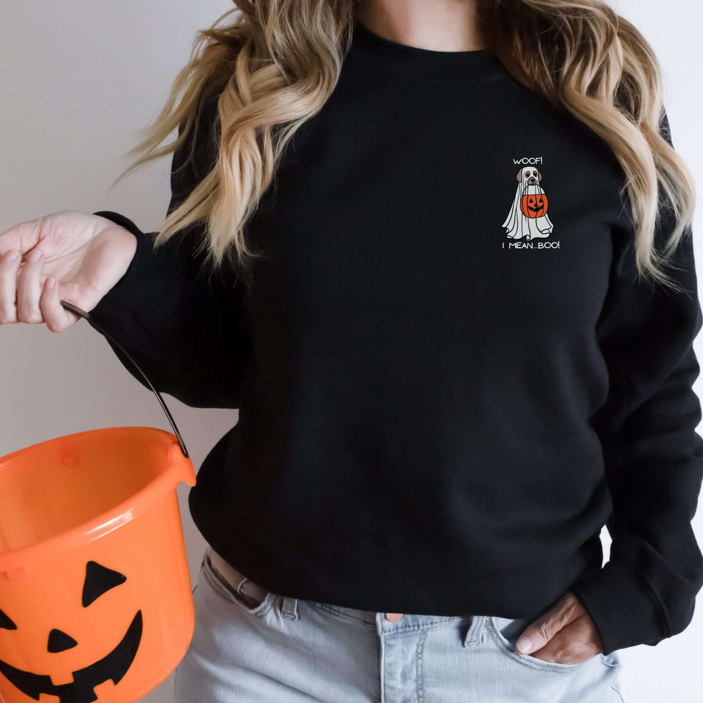 Woof... I mean BOO! Adult Sweatshirt | Halloween Dog | Trick or Treat | Ghost Crewneck | Halloween Humor Gift Idea