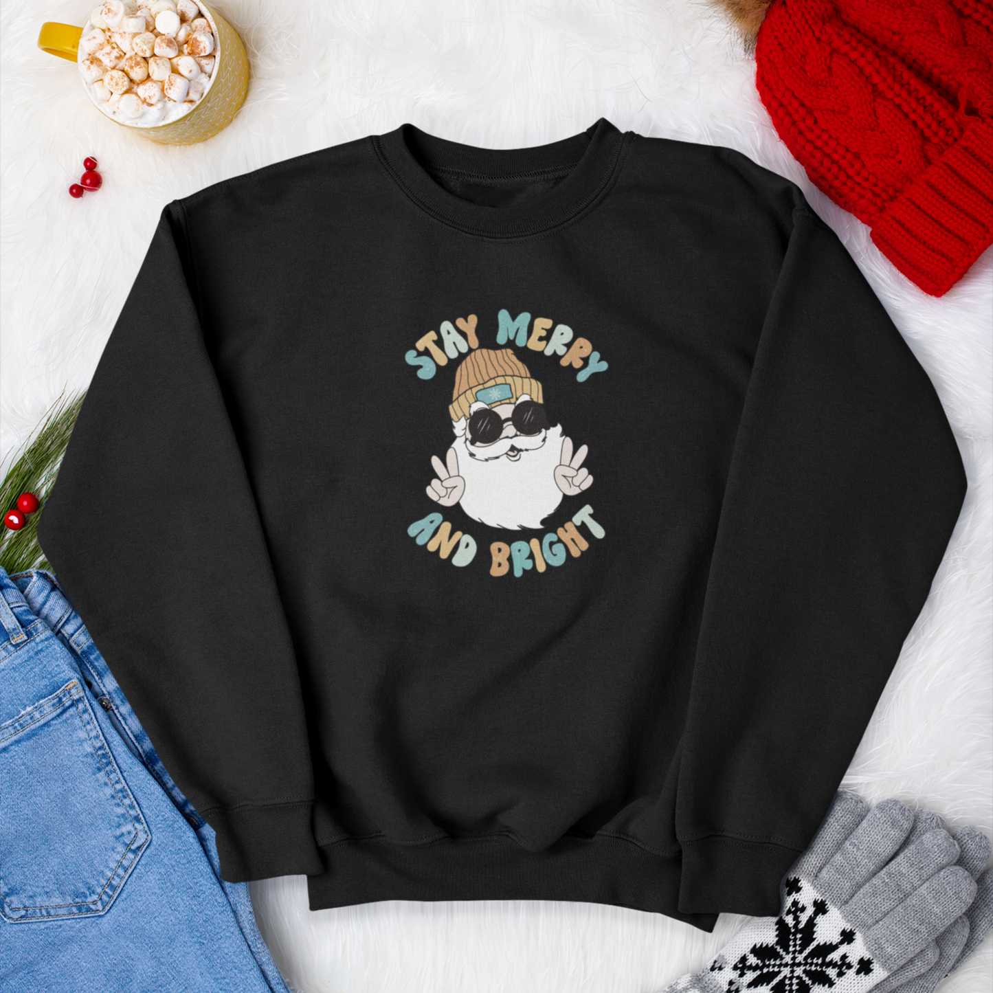 Stay Merry & Bright Kids Holiday Shirt | Kids Christmas Sweatshirt | Cool Santa Holiday Sweatshirt | Christmas Gift for Kids