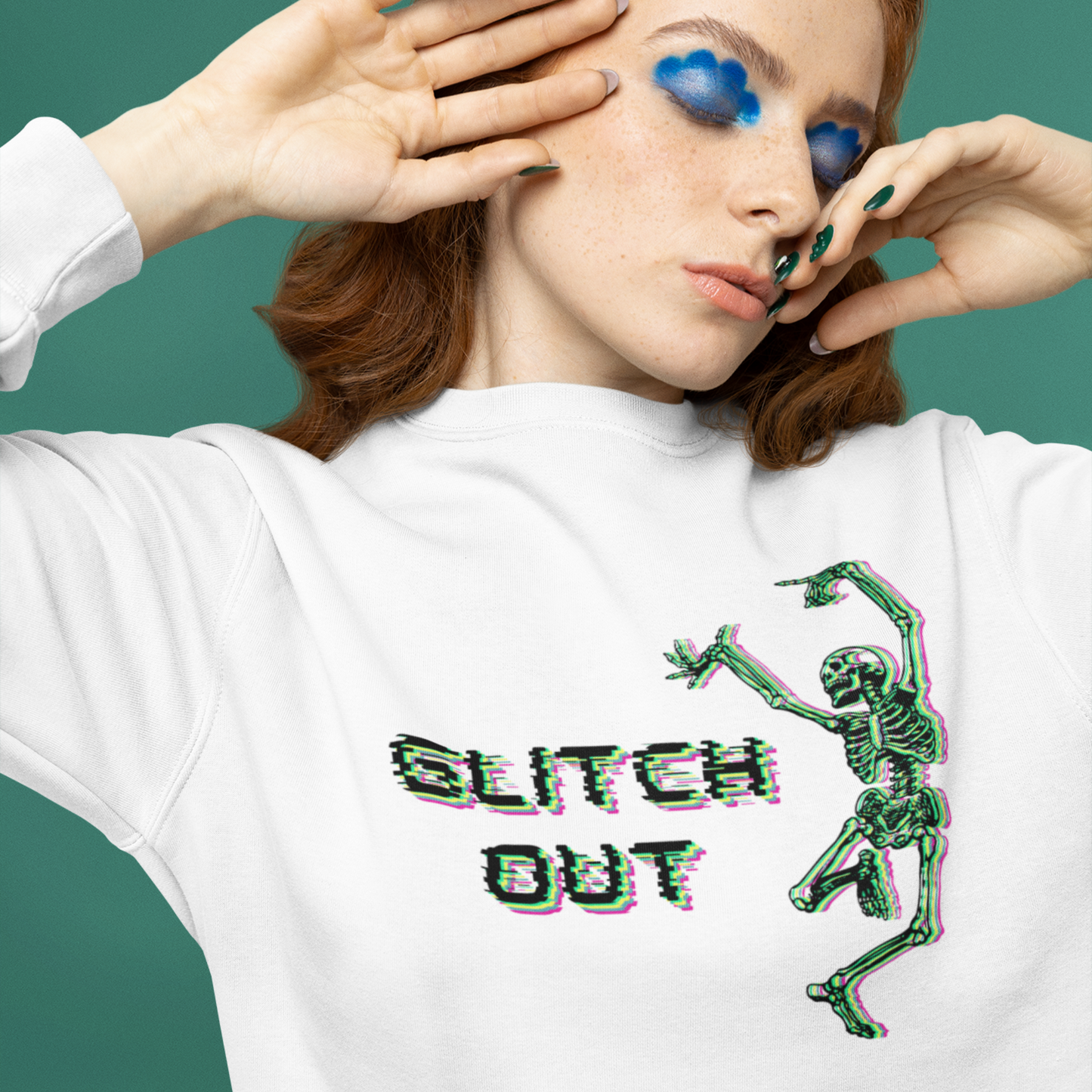 Glitch Out | Skeleton Crewneck Sweatshirt | Graphic Spooky Theme Shirt | Halloween | Fall