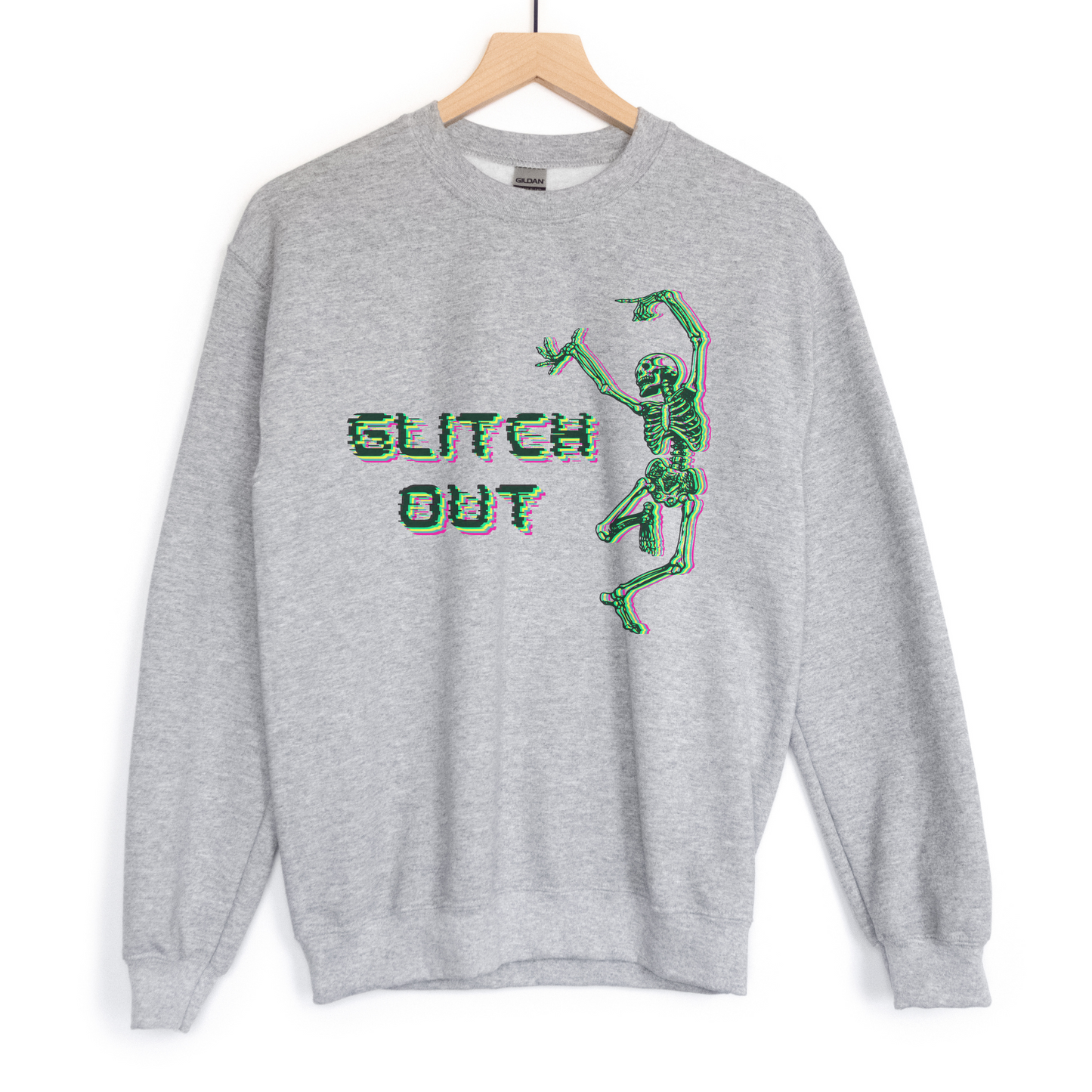 Glitch Out | Skeleton Crewneck Sweatshirt | Graphic Spooky Theme Shirt | Halloween | Fall