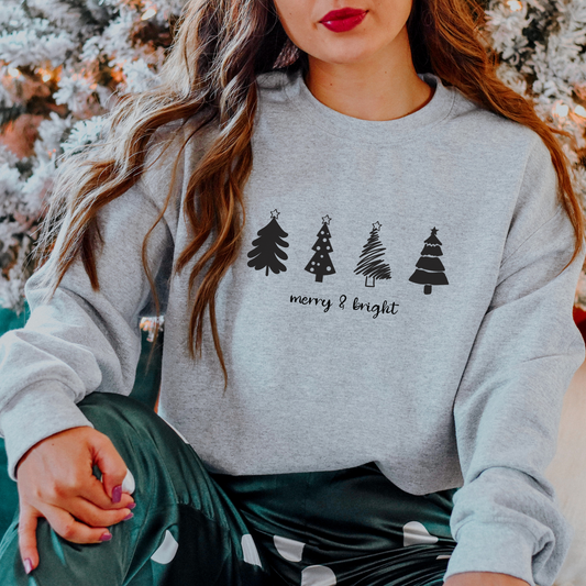 Merry & Bright Sweatshirt | Christmas Crewneck Sweatshirt | Movie Night Shirt | Xmas Tree Sweatshirt | Gift for Her | Holiday Pajamas