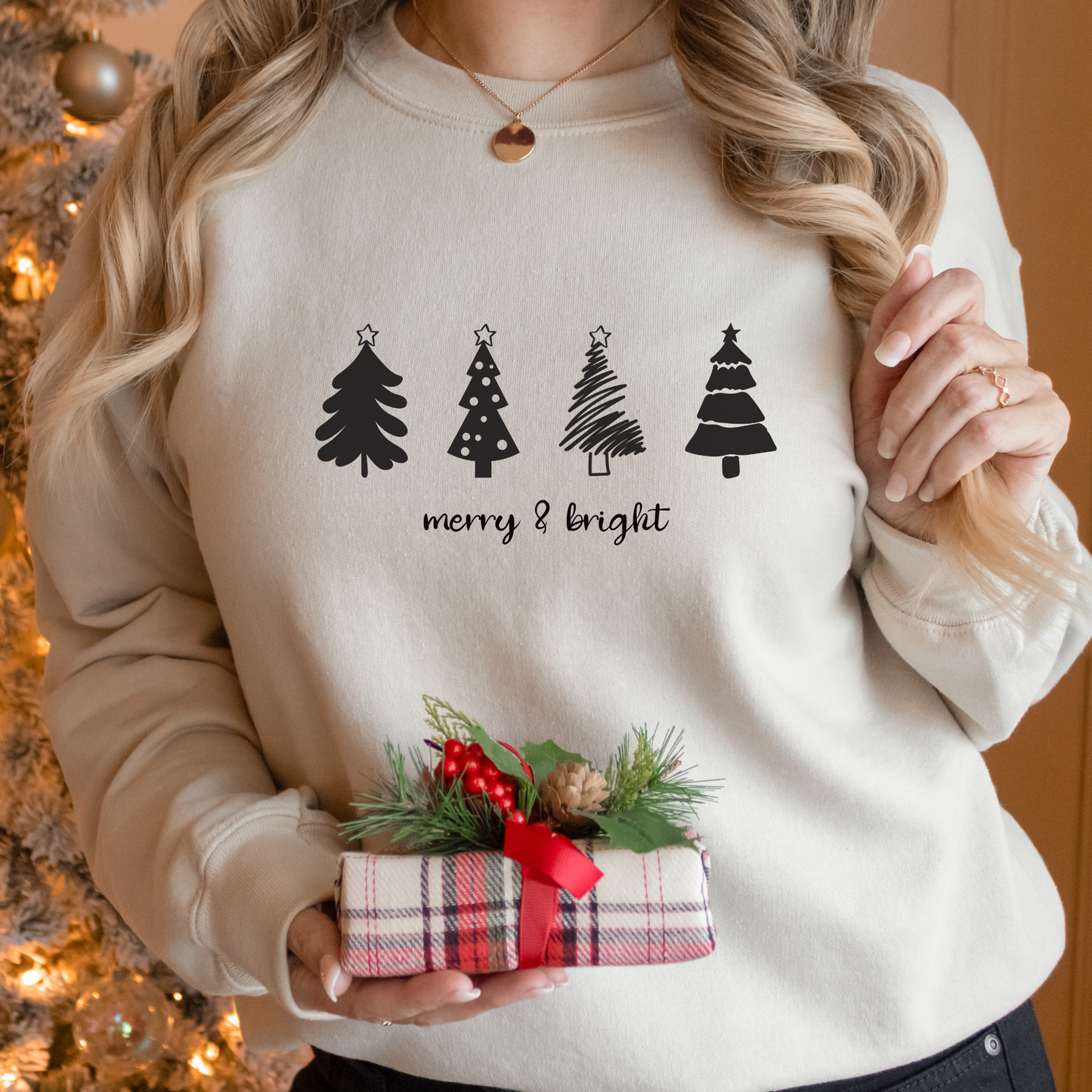 Merry & Bright Sweatshirt | Christmas Crewneck Sweatshirt | Movie Night Shirt | Xmas Tree Sweatshirt | Gift for Her | Holiday Pajamas