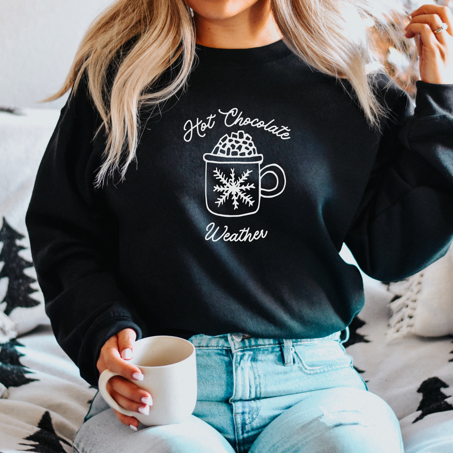 Hot Chocolate Weather Sweatshirt | Snowflake Crewneck Sweatshirt | Movie Night Hot Cocoa Sweater | Christmas Gift for Her | Holiday Pajamas