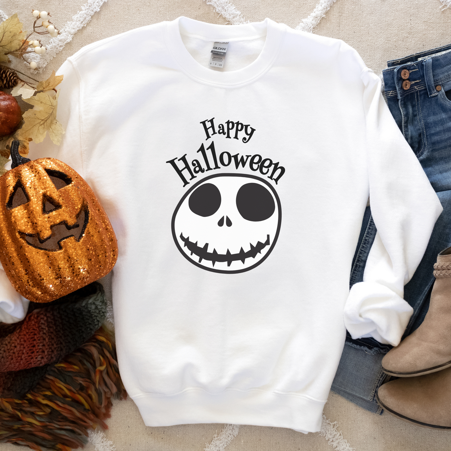 Jack Skellington Happy Halloween Sweatshirt | Adult Spooky Crewneck Shirt | A Nightmare Before Christmas | Gift Idea