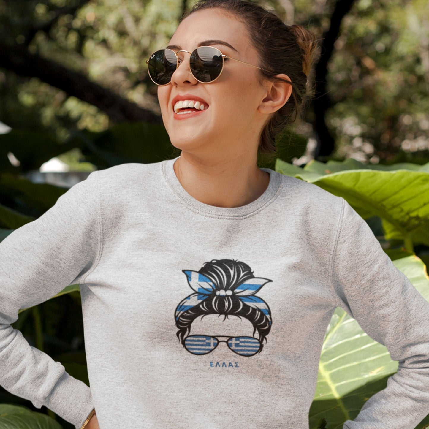 Ellas Greek Messy Hair Bun Shirt | Greek Flag Sunglasses | Pride and Style